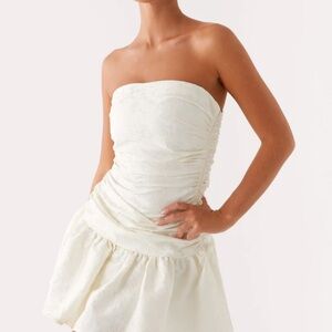 Peppermayo Cream Strapless Ruched Mini Dress